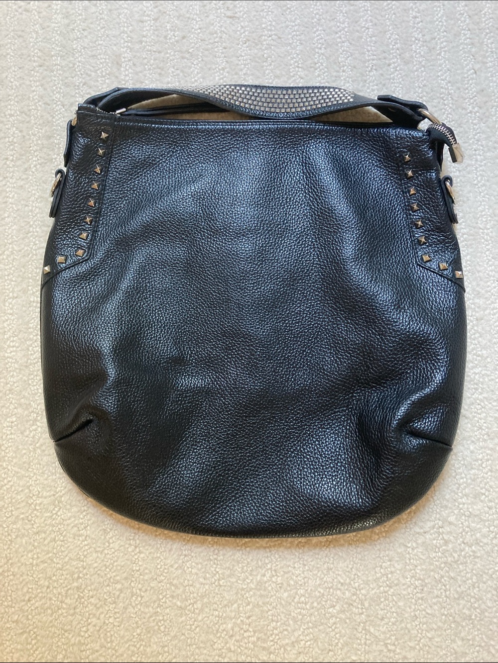 Black Pebbled Leather Shoulder Bag with Stud Accents